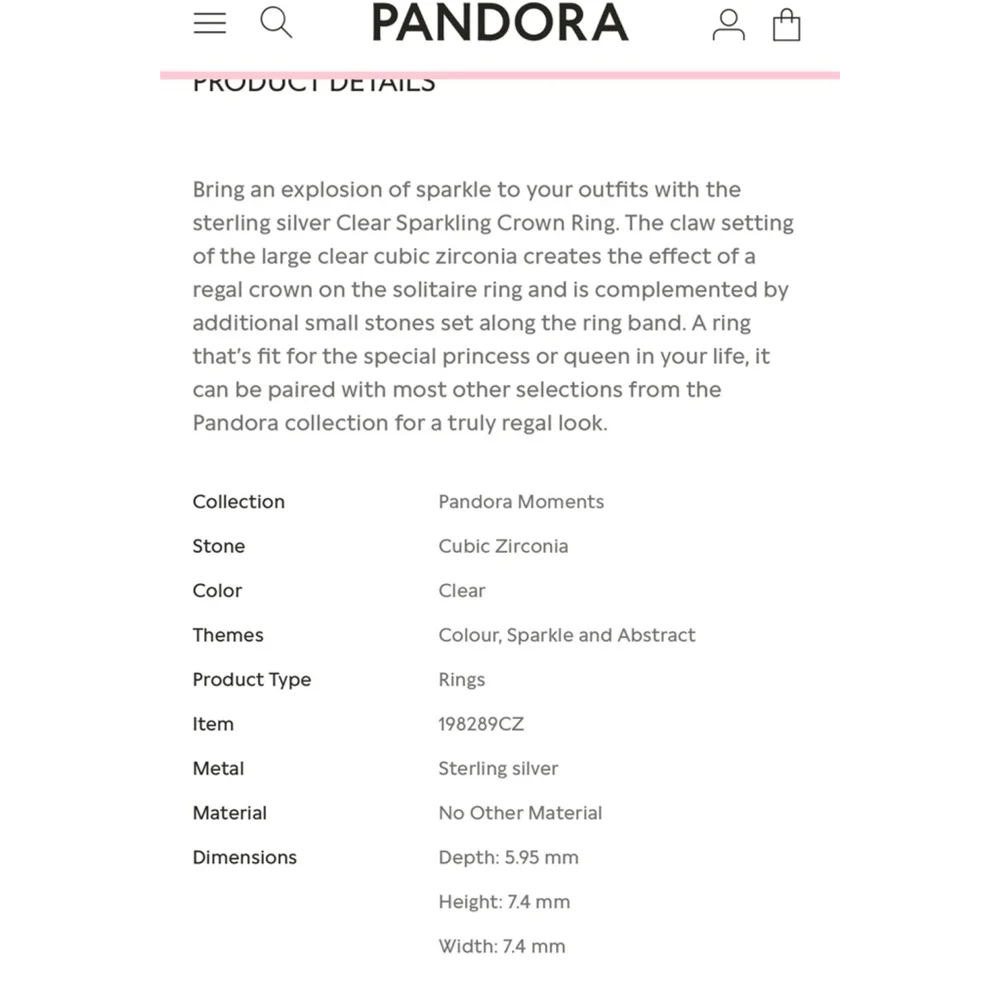Pandora Clear Sparkling Crown Solitaire Ring Size 6.5-7